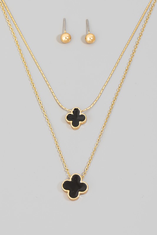 Double Clover Charm Layered Necklace & Earrings Set - Black