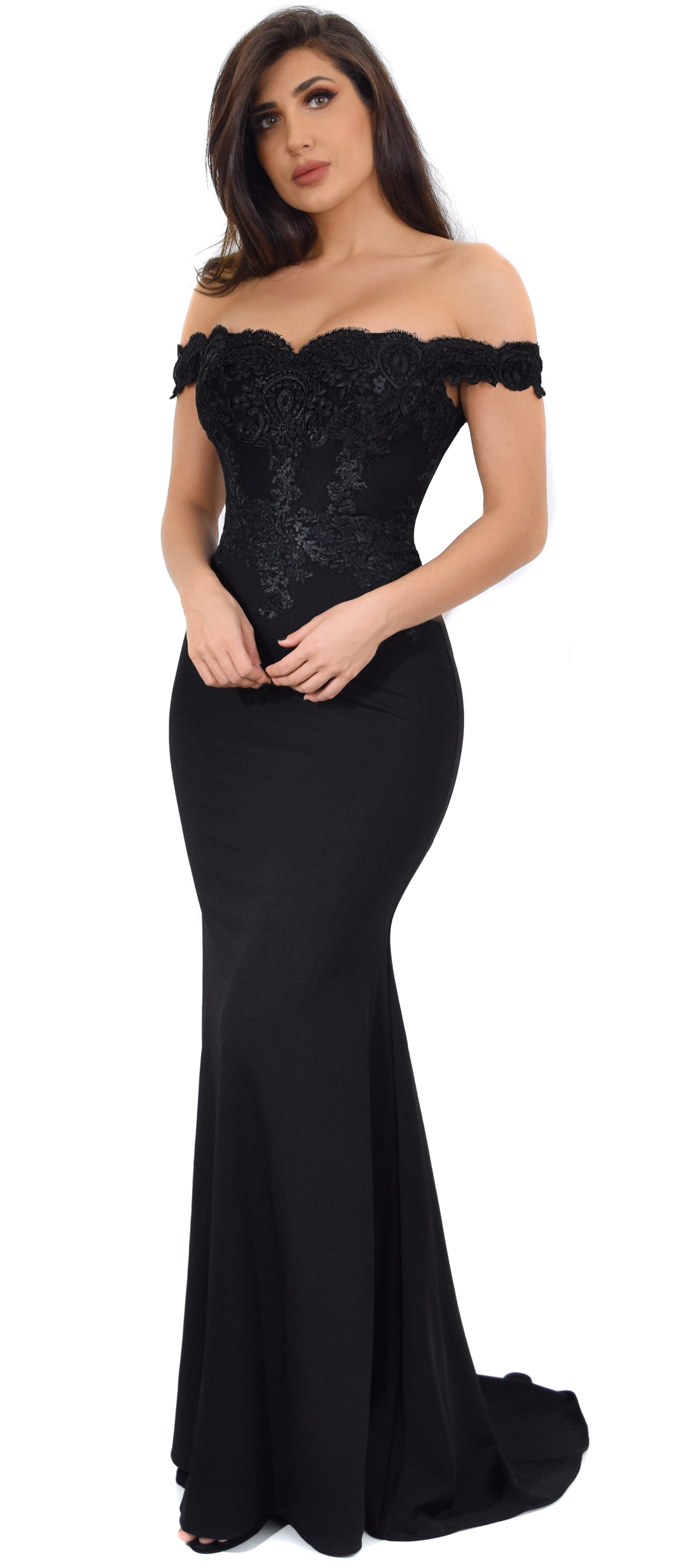 Solaine Black Off Shoulder Lace Detail Gown Dress – Emprada