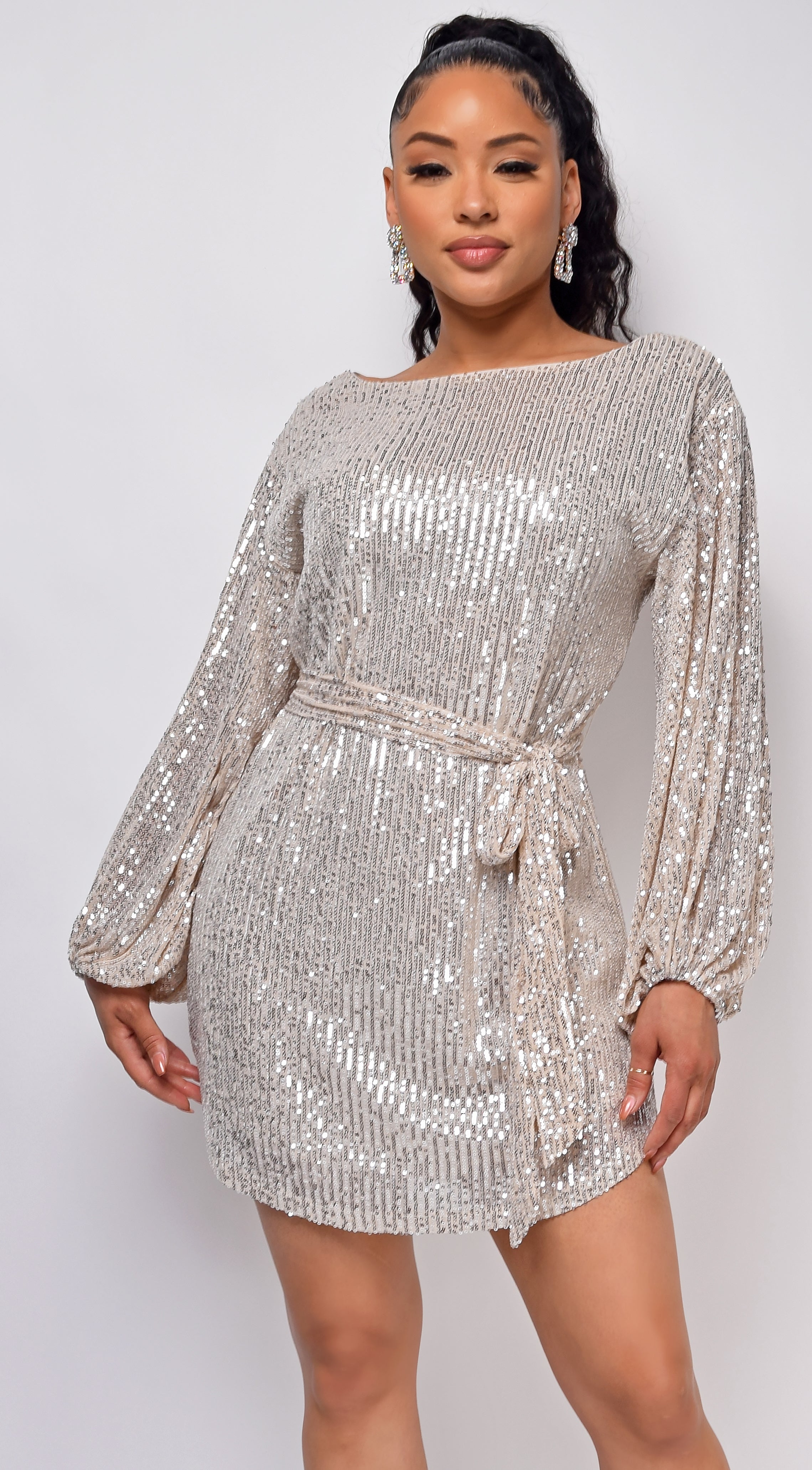 Tara Champagne Silver Belted Sequin Dress – Emprada