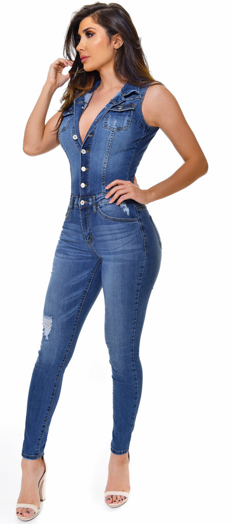 denim button up jumpsuit