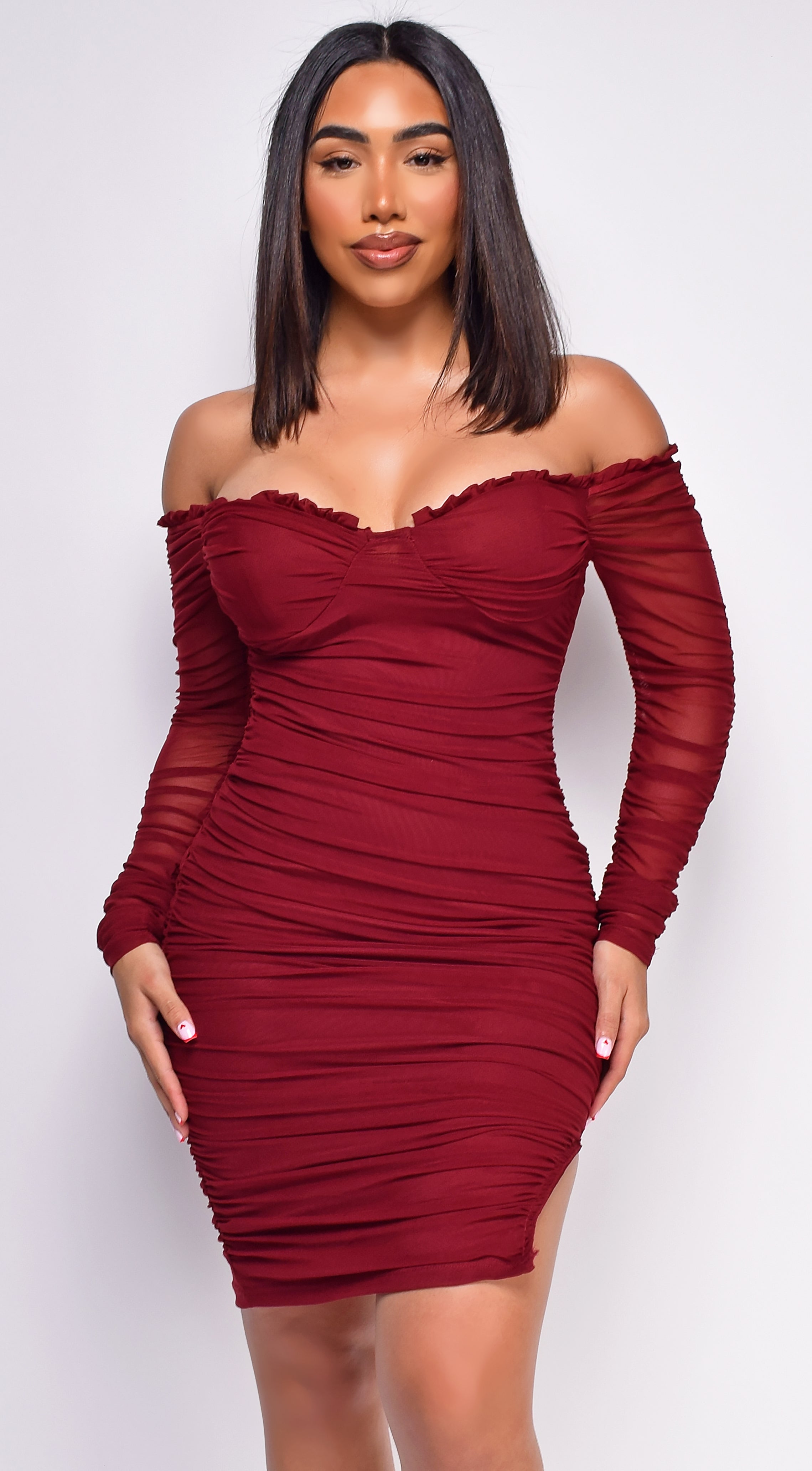 Destiny Burgundy Red Off Shoulder Ruched Dress – Emprada