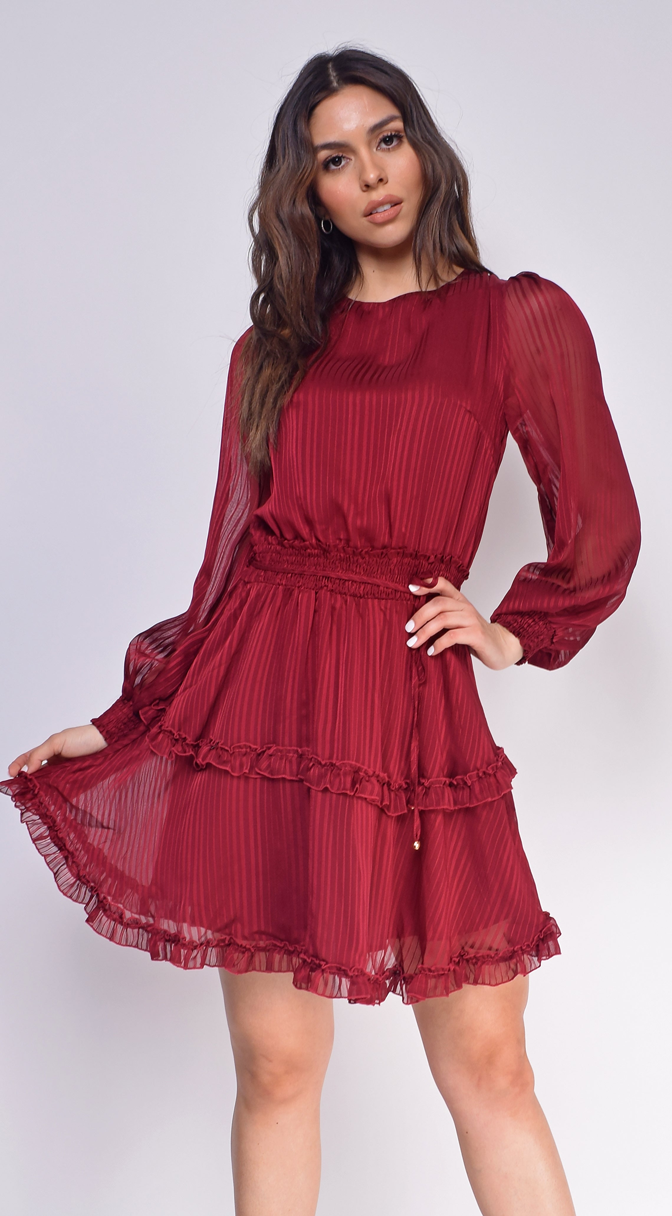 red long sleeve ruffle dress