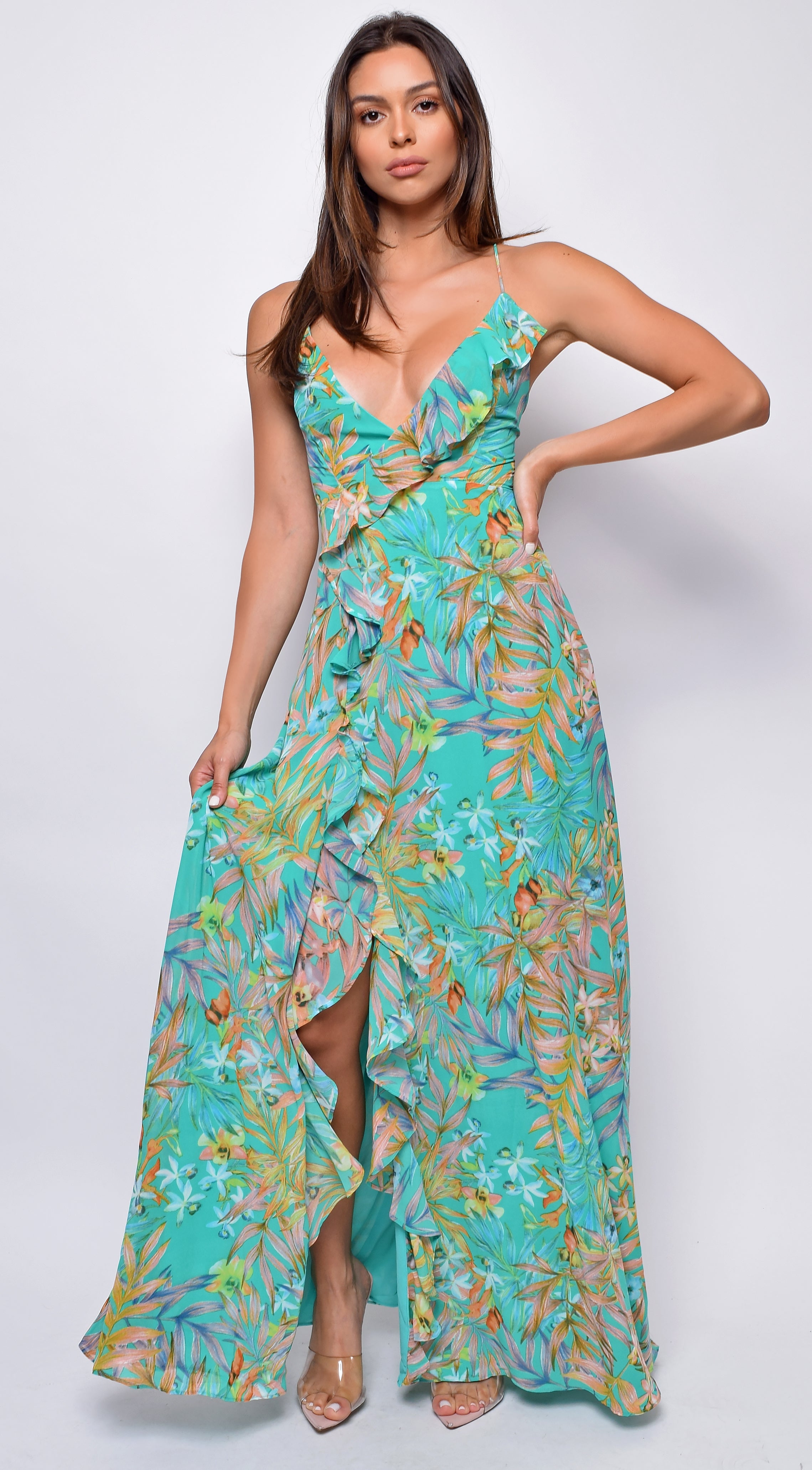 green tropical dress