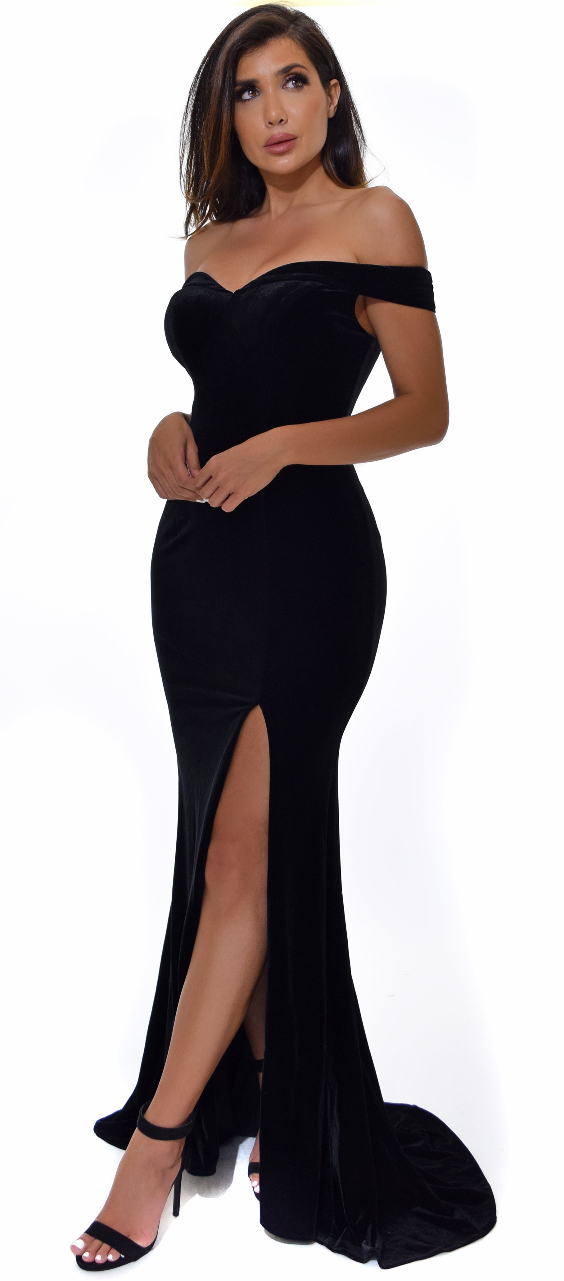 off shoulder black velvet dress