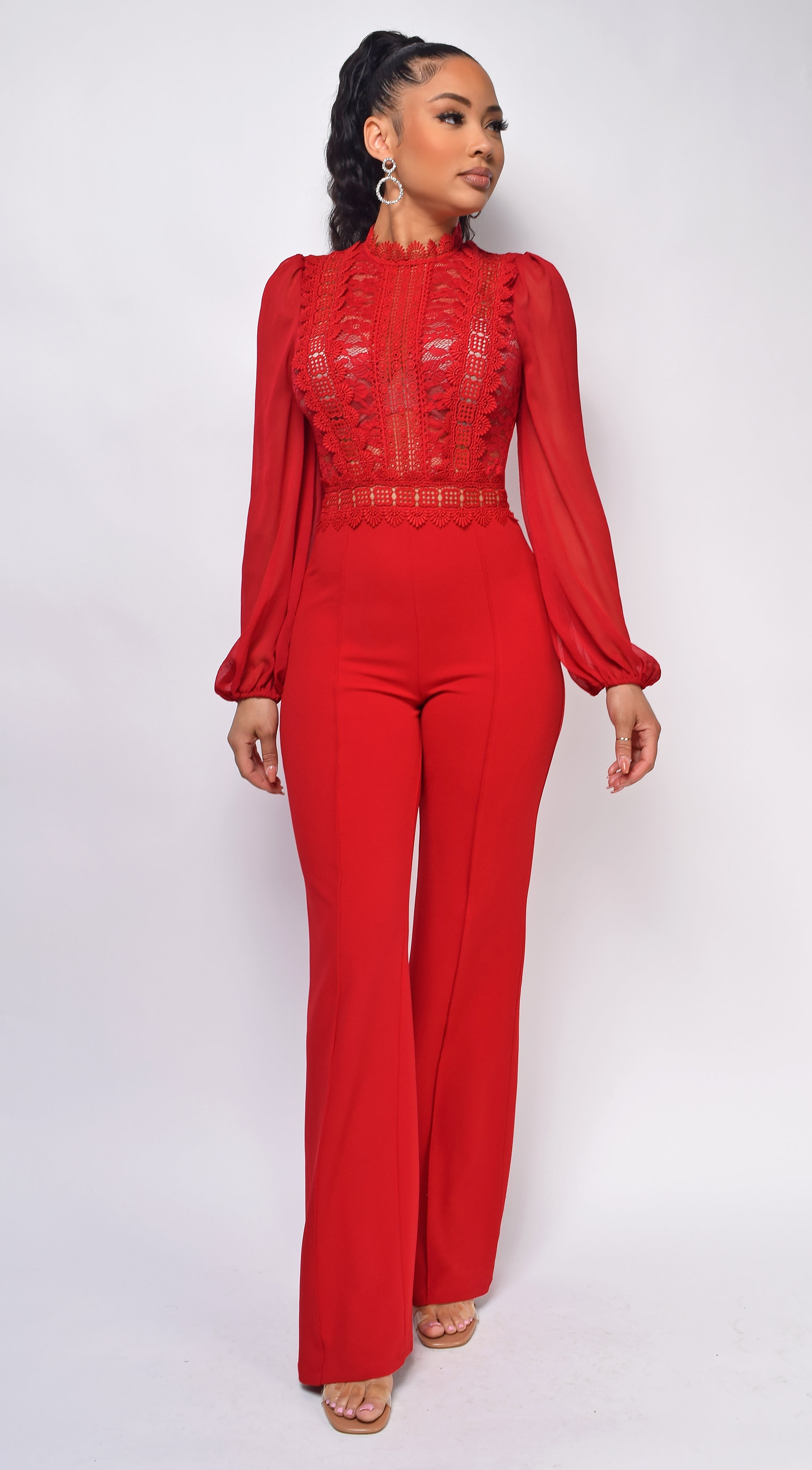 Nerine Red Crochet Lace Mesh Jumpsuit – Emprada