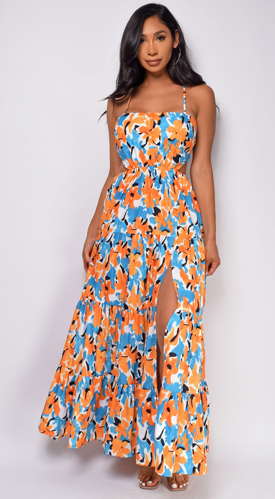 Corinne Blue Orange Floral Print Maxi Dress – Emprada