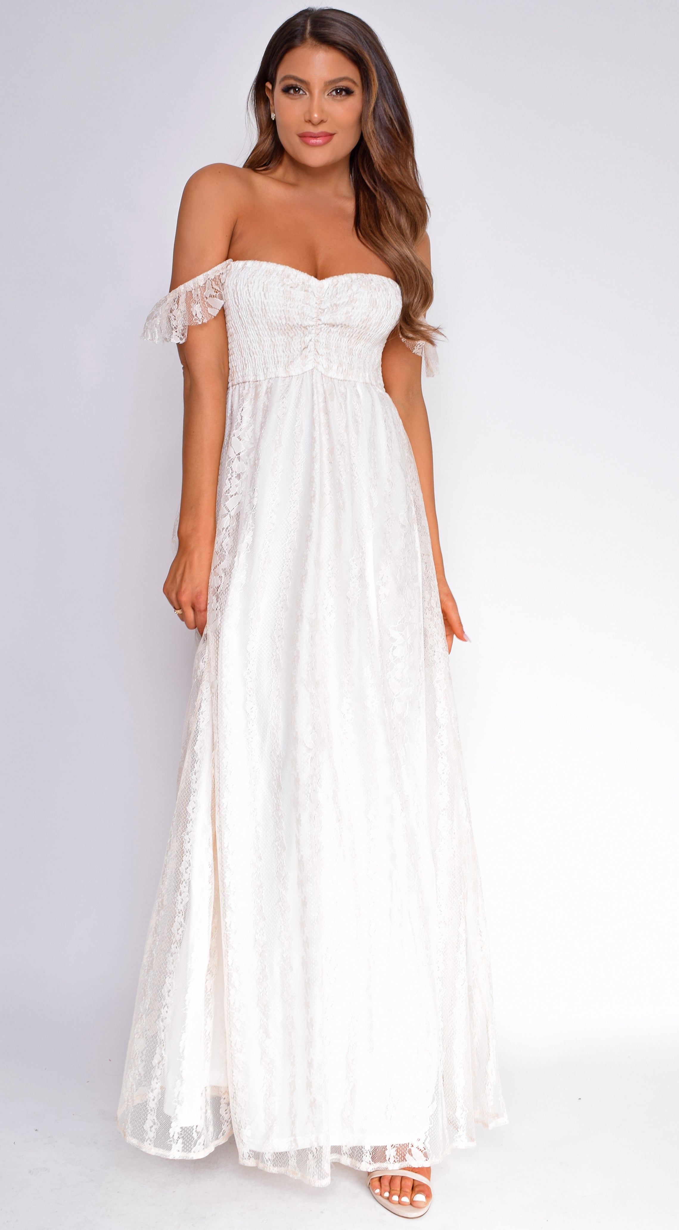 off shoulder white lace maxi dress