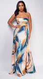 Stacci Beige Blue Multi Marble Double Slit Maxi Dress