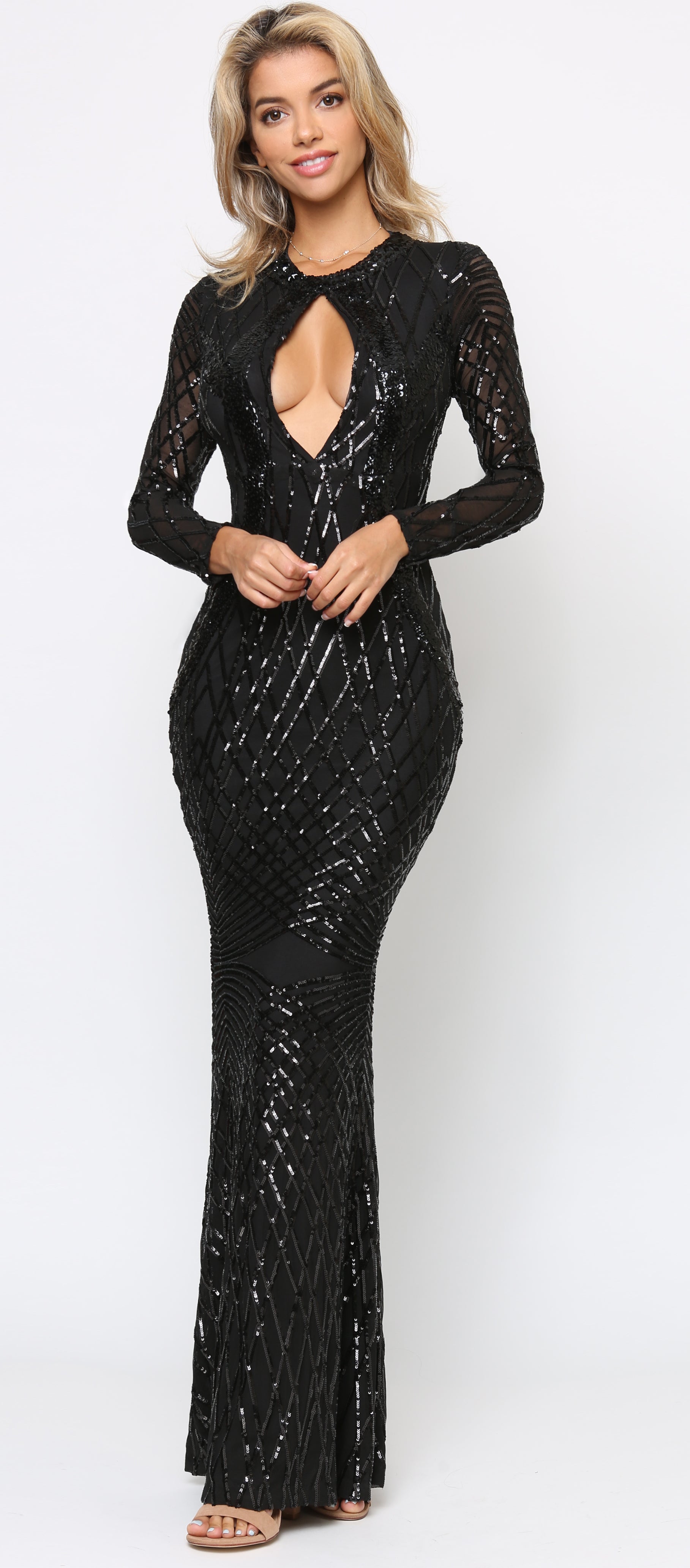 black sequin dress with slit