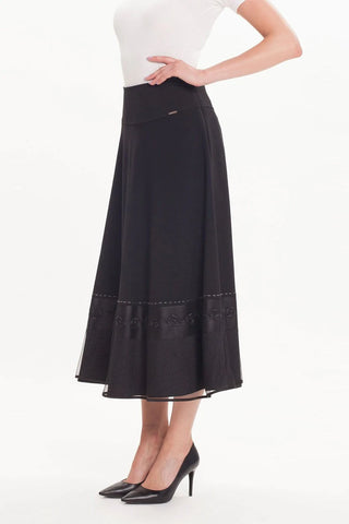 Embroidered Midi Black Skirt With Check Pattern And Tulle Around The Hemline