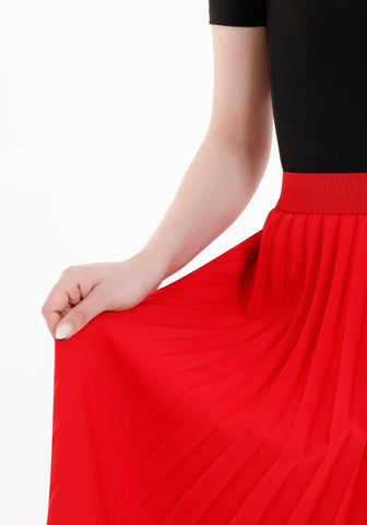 red pleated maxi skirt