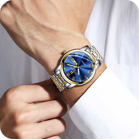 Features a 42mm blue satin dial with classic Roman numeral indices, this luxury watch is perfect for every formal setting. Colour: Blue & Gold. Material: Stainless Steel
