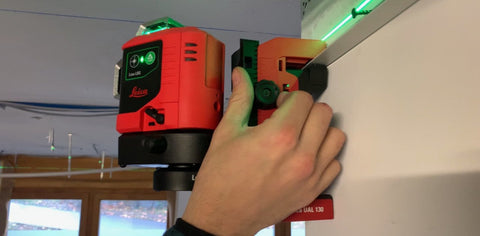 Leica Lino L6G-1 Self-Levelling 3x360° Laser in action with green beam