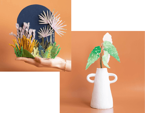 Shown: Two pictures. One shows an air dry clay vase painted white with a paper plant inside. The other shows a landscape made using paper and yarn.