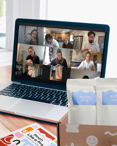 Computer screen showing people participating in a team pottery workshop