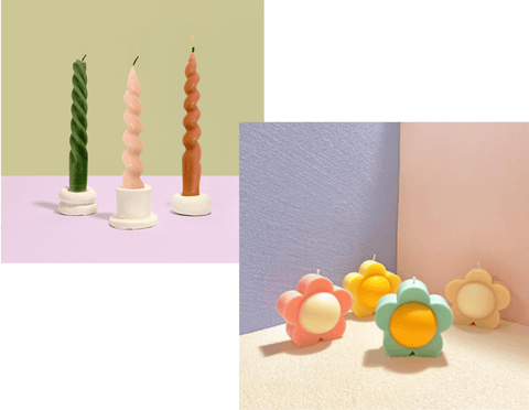 Shown: Two photos. One shows 3 taper candles in air dry clay candle holders. The other shows four retro flower shaped candles