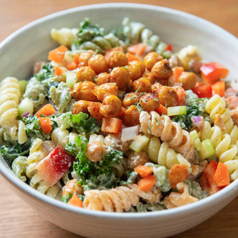Vegan plant-based pasta salad from New World Kitchen in Des Moines, Iowa