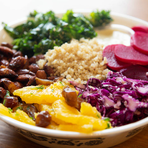 Plant-based Sweet and Spicy Bowl vegan meal from New World Kitchen in Des Moines, Iowa