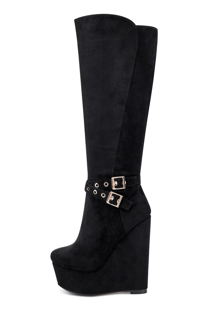 NobleOnly Women's High Heels Platform Knee-High Zipper Black Boots ...