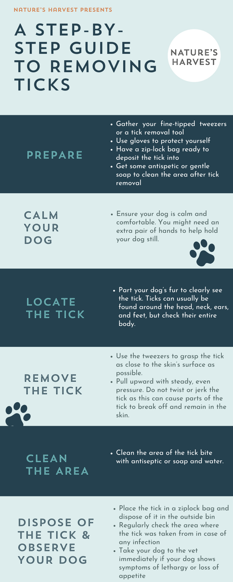 a Nature's Harvest Dog Food infographic showing the step-by-step guide to removing a dog tick safely