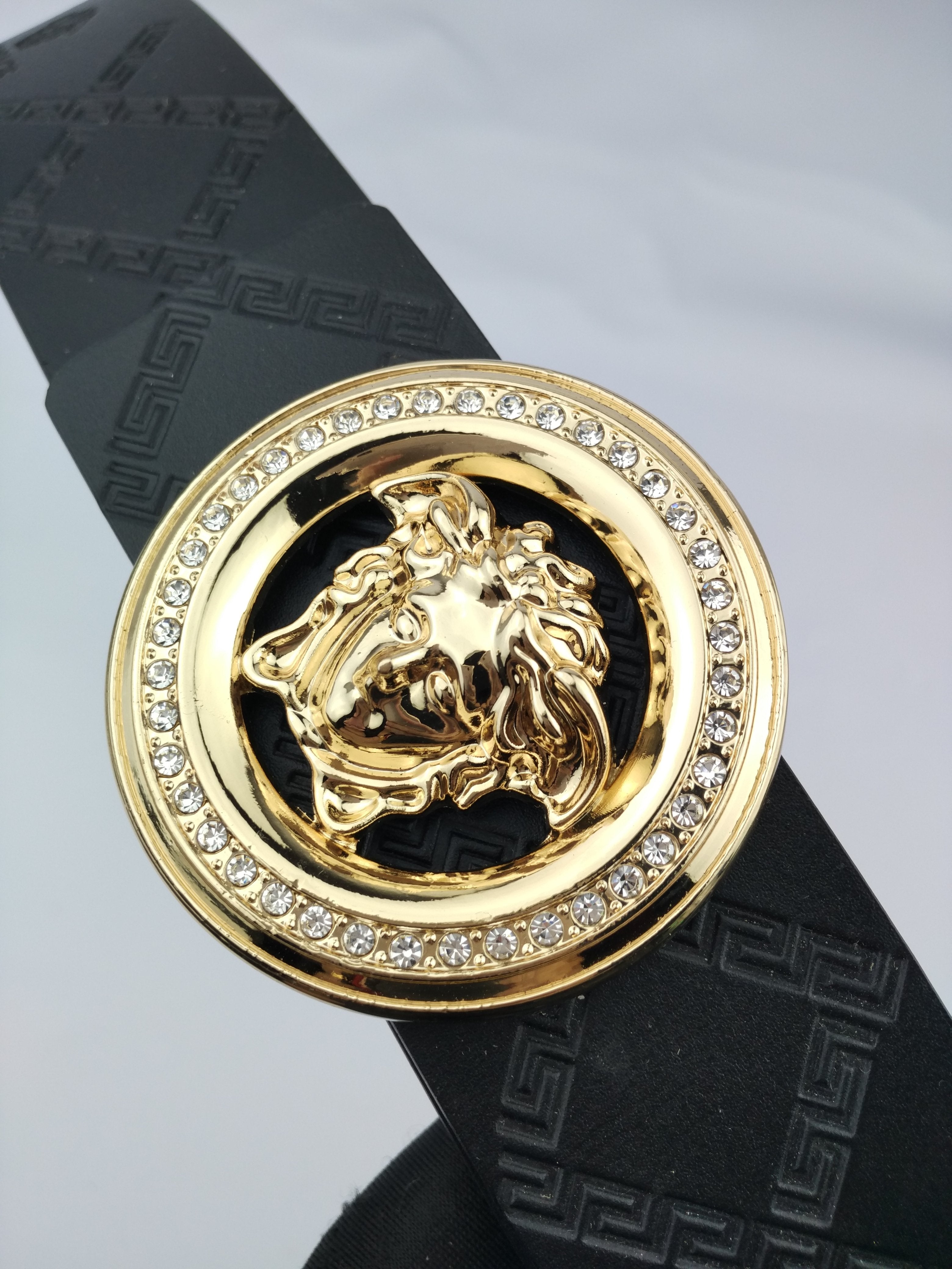 Versace embossed round buckle diamond Medusa belt