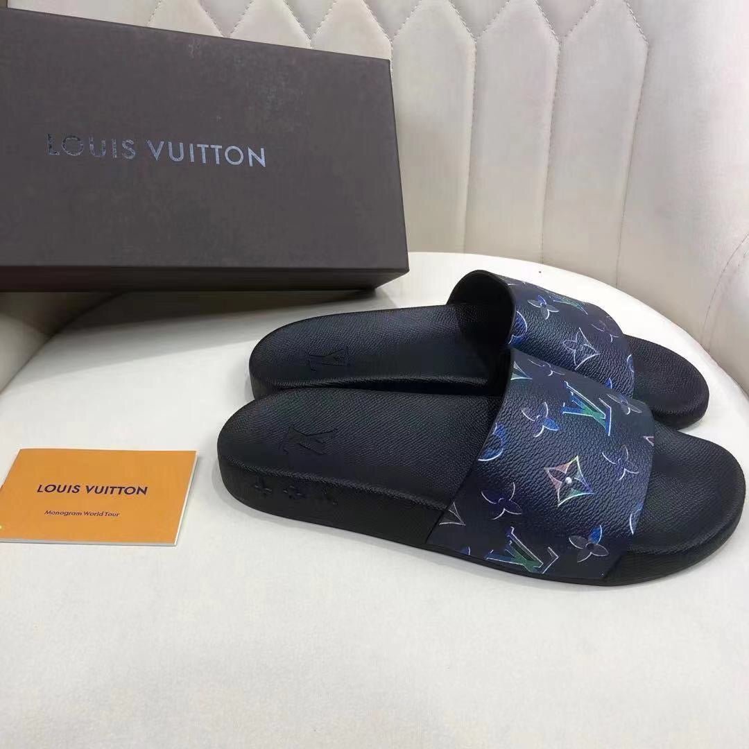 LV Louis Vuitton embossed letters stitching color men's and women's casual sandals beach sli