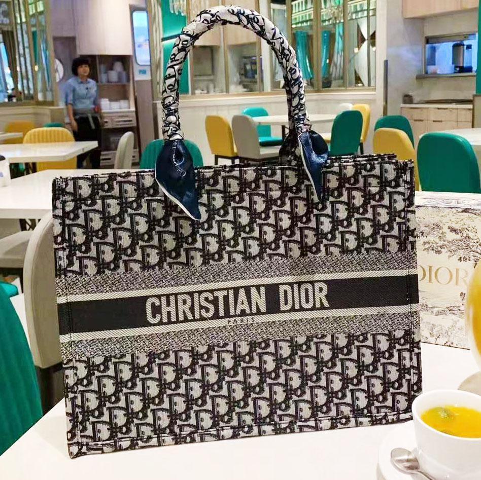 DIOR fashion new lady canvas print with silk scarf shopping handbag