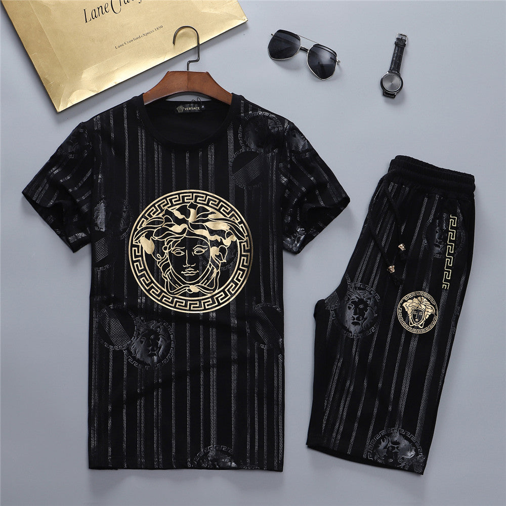 Versace letter print round neck short-sleeved T-shirt + shorts two-piece set