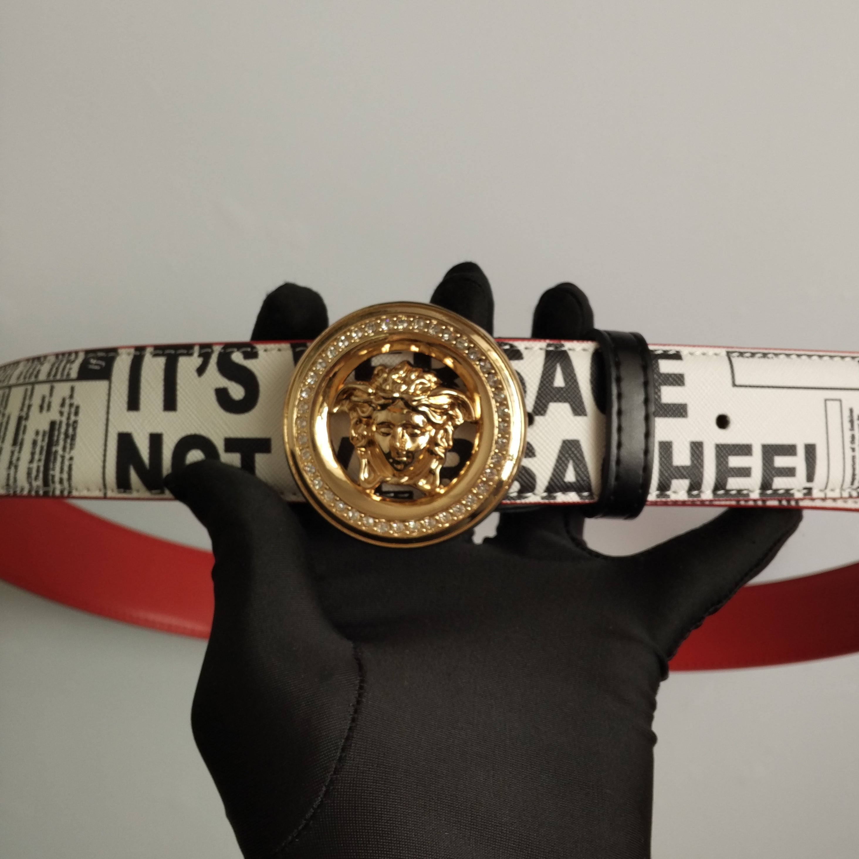 Versace new letter print diamond round buckle belt