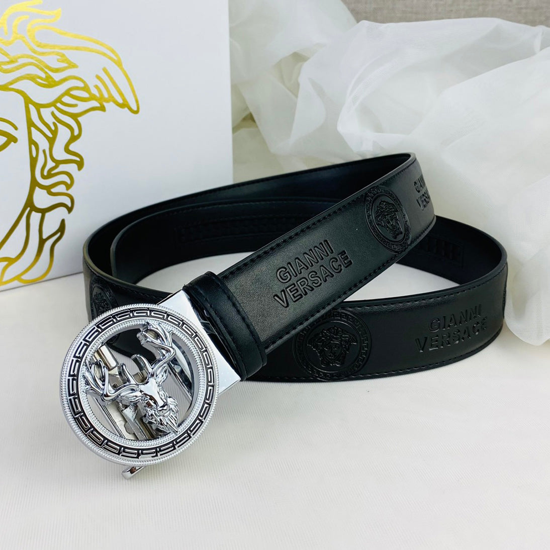 Versace round buckle letters embossed Medusa men's casual belt