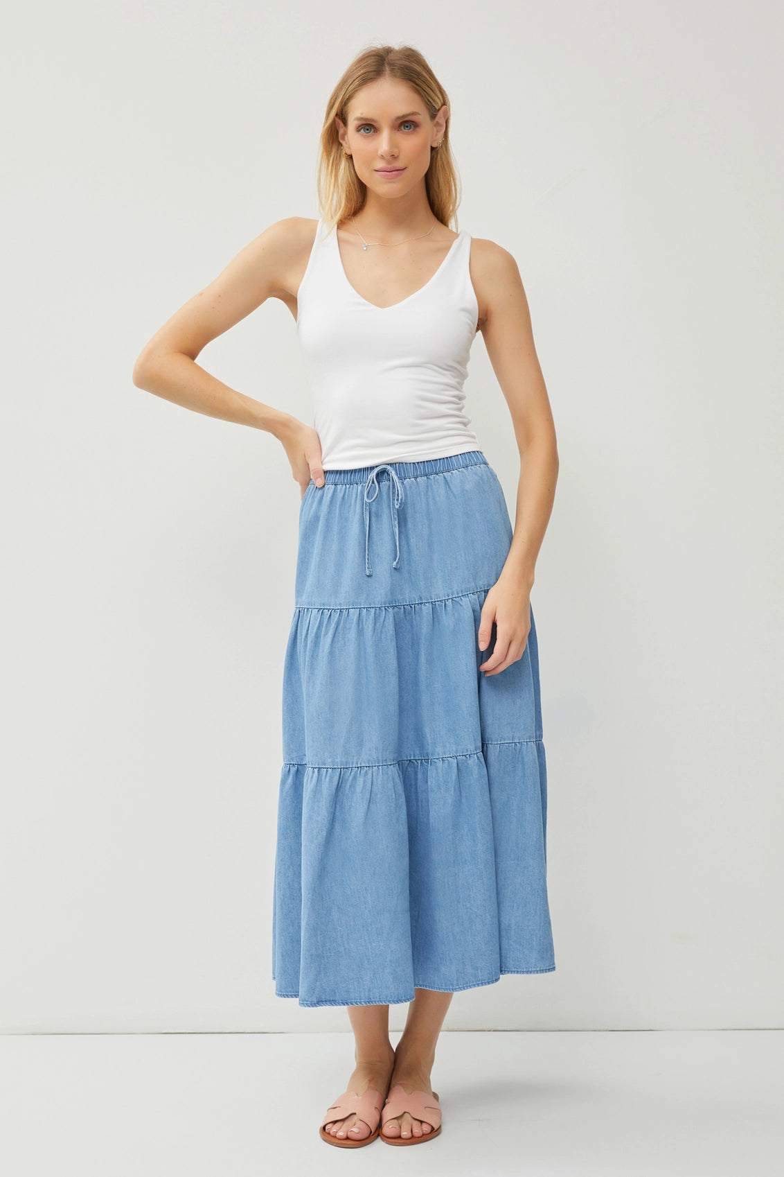 Chambray Tiered Maxi Skirt