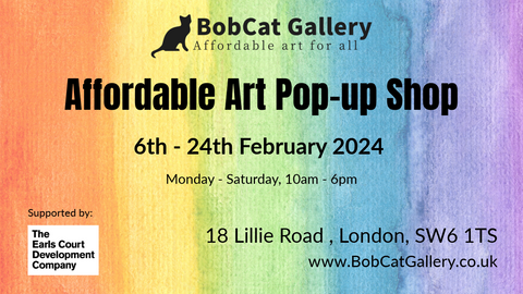 Judy Century Artist original paintings for sale in BobCat Gallery affordable art pop-up shop earls court london in February 2024