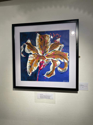 Floral original botanical painting hanging in group exhibition in Herts Judy Century Art