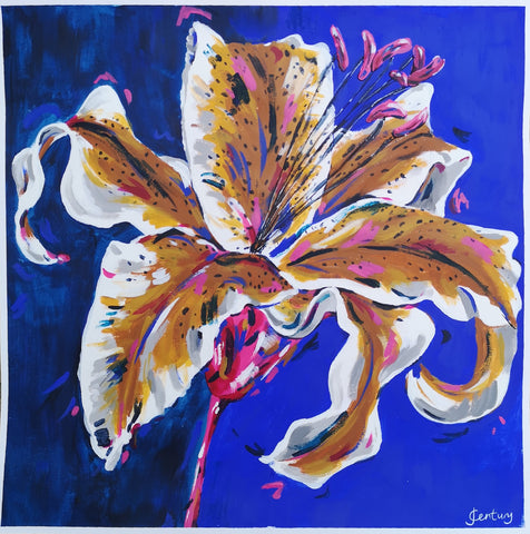 Floral painting by Judy Century Art Blue and Brown Lily
