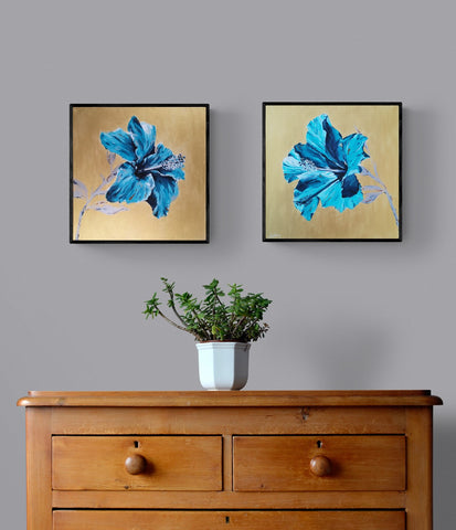 Gold and Blue flower paintings hibiscus pop art original canvas pair by Judy Century