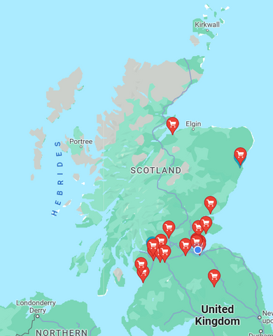 Map of Sainsbury's stores in Scotland which we're stocked in