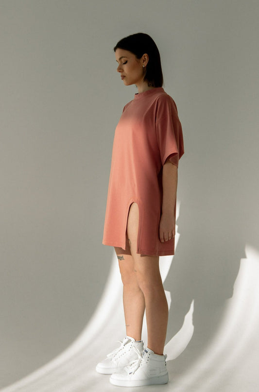 [HIMALAYA] Oversized Cut Out Tee Dress & One Leg Short in Rosé