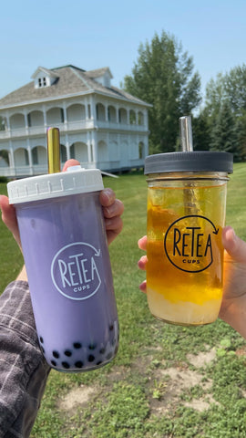 Taro milk tea and passionfruit green tea in reusable glass boba cups