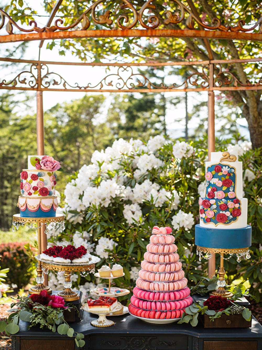 colorful cakes and desserts gold cake stands outdoor dessert table