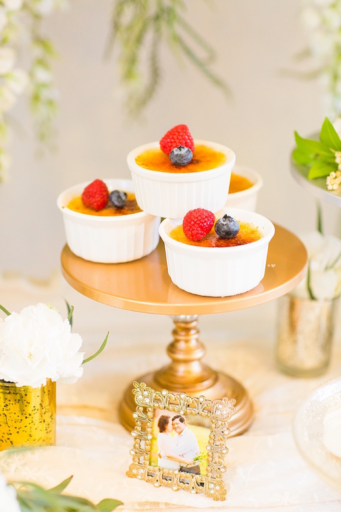 creme brulee on gold cake stand