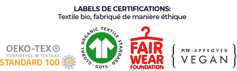 labels Global Organic Textile Standard, OEKO-TEX Textile Standard, Peta Vegan, Fair Wear Foundation