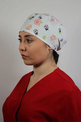 Boneta medicala alba unisex, imprimeu buburuza lila