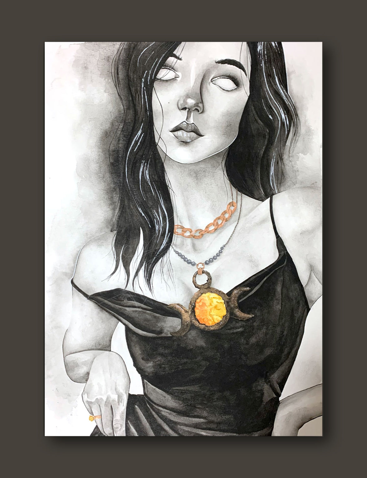 Watercolor-Painting-of-Beautiful-Women-in-Black-Dress-Necklaces