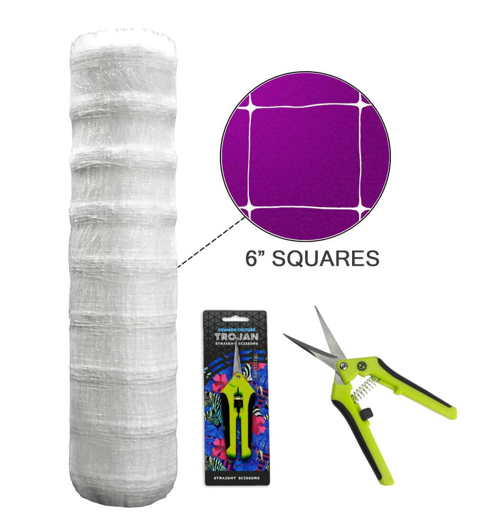 Image of Common Culture Plastic Trellis Netting Bulk Roll 6.5 ft x 4,920 ft w/ 6 in Squares + Trojan 2 Inch Straight Scissors