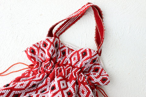 70s Special Red Beaded Drawstring Handbag