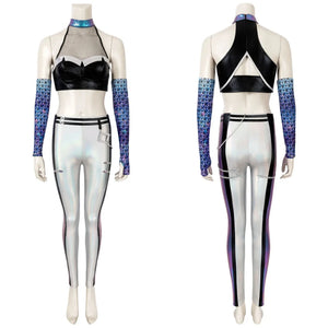 Kaisa Cosplay Costume Top with Mesh Detail and Metallic Pants Accessories Wig and Boots Available - Dashiki Trend
