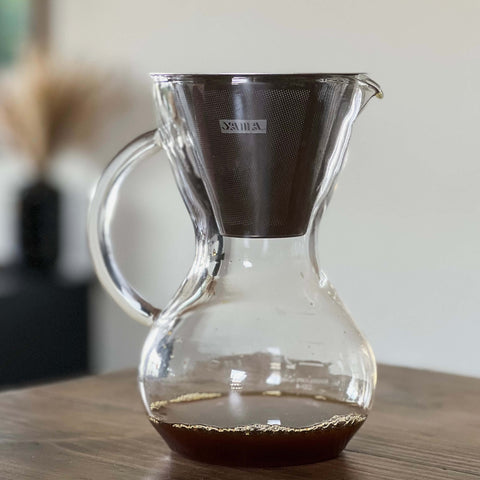 Yama Coffee Drip Pot sitting on table.