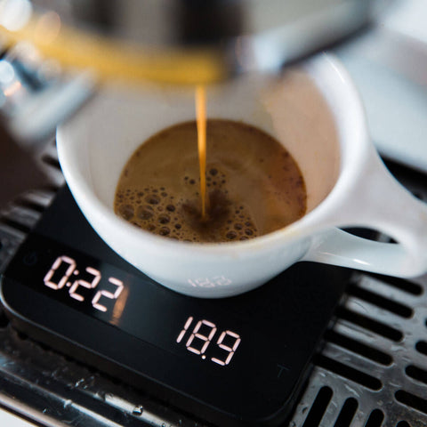 Espresso shot pouring into a cup sitting on top of an Acaia scale.