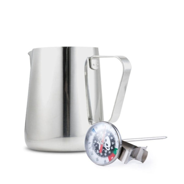 GOWA Coffee Milk Frothing Pitcher Cup with Measurement Inside Thermometer Set 12oz/350ml Stainless Steel Steaming Pitcher Tool for