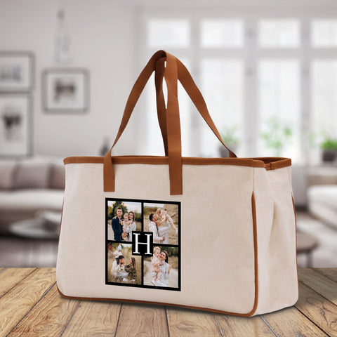 a canvas tote bag with a family picture on it